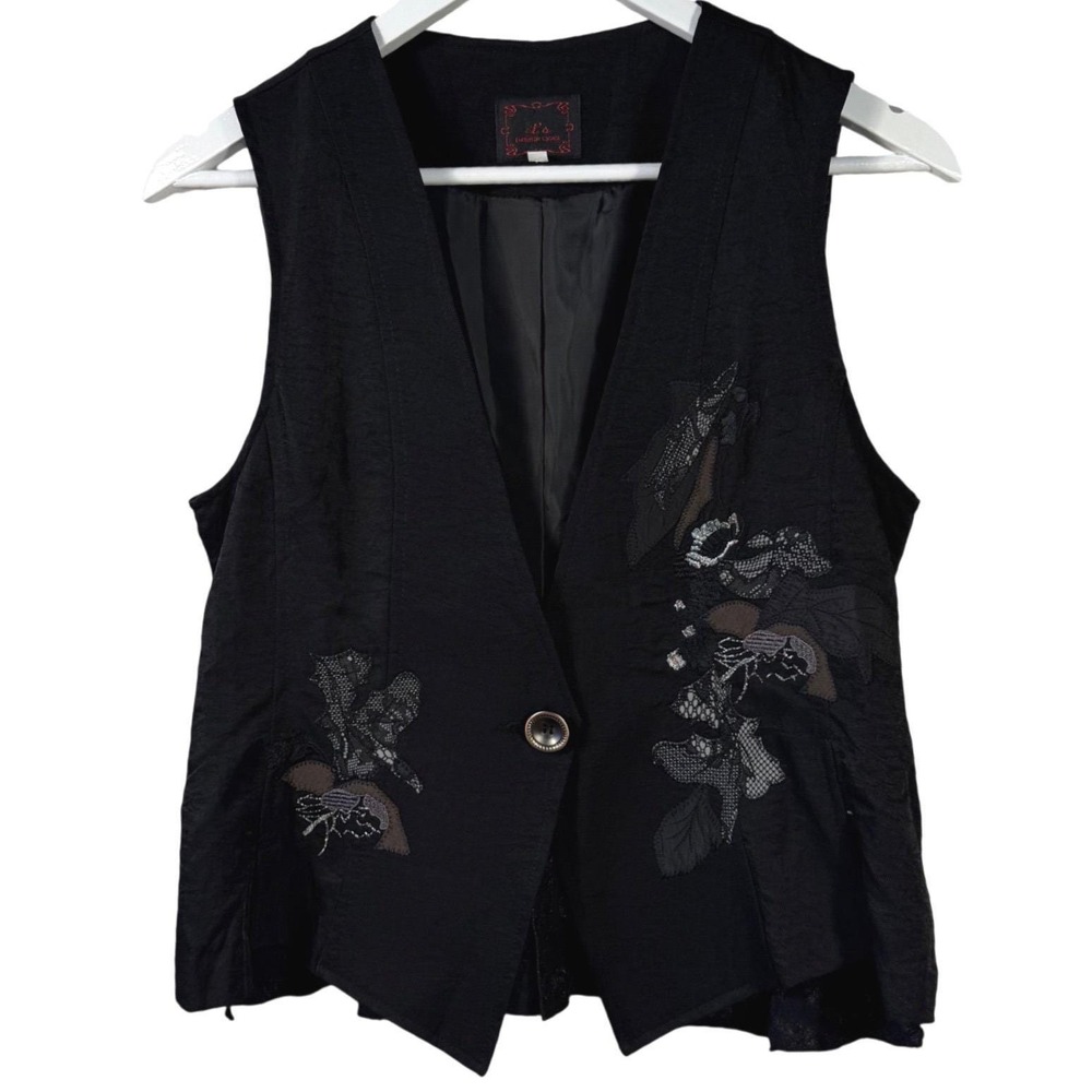It's European Casual Black Floral Applique Lace Vest Waistcoat Buckle Back M